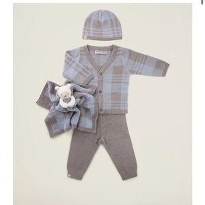 NIB Barefoot Dreams UltraLite plaid outfit/toy set sky/dove gray